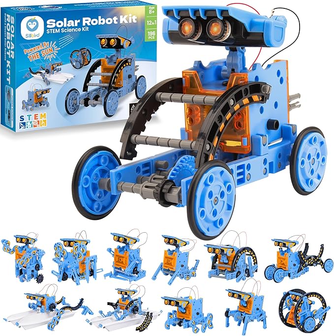 Sillbird Solar Building Robot Kit Christmas STEM Gift for Boys Aged 8-13, DIY Science Educational Toys for Kids Teens Birthday, 12-in-1 Solar or Battery Powered Robotic Set with 197 Pieces