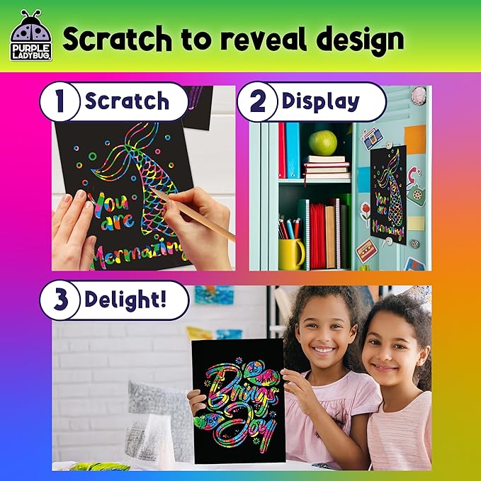 PURPLE LADYBUG Rainbow Scratch Art Paper, 79 PCS Creative Drawing Paper & Stencils - Arts and Crafts for Ages 4-12, Kids Craft Activity Set for Halloween, Christmas Gift, Stocking Stuffers for Kids