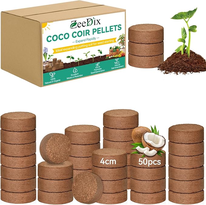 ZeeDix 50pcs(40mm) Coco Coir Pellets Potting Soil Indoor Plants, Compressed Coconut Coir Soil Pellets Seed Starting Pellets Soil Discs for Planting Flowers Bonsai Herbs Plants and Vegetables