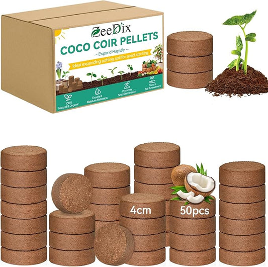ZeeDix 50pcs(40mm) Coco Coir Pellets Potting Soil Indoor Plants, Compressed Coconut Coir Soil Pellets Seed Starting Pellets Soil Discs for Planting Flowers Bonsai Herbs Plants and Vegetables