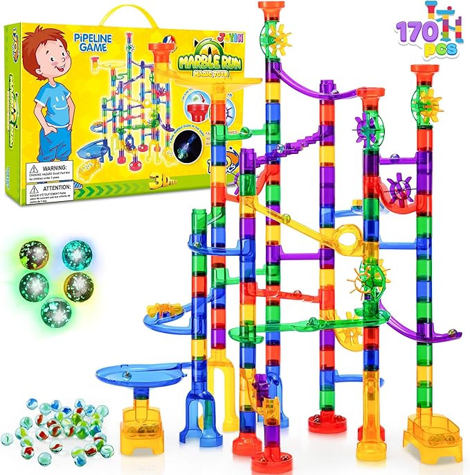 JOYIN 170Pcs Glowing Marble Run, Construction Building Blocks Toys with 5 Glow in The Dark Glass Marbles, STEM Educational Building Block Toy, Gift for Christmas