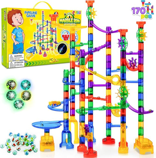 JOYIN 170Pcs Glowing Marble Run, Construction Building Blocks Toys with 5 Glow in The Dark Glass Marbles, STEM Educational Building Block Toy, Gift for Christmas