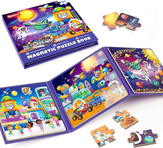 SYNARRY Magnetic Puzzles for Toddlers 3-5, Space Planets Solar System Travel Puzzles for Kids Ages 4-6,Car Airplane Road Trip Activities Games Gifts Toys for 3 4 5 6 Year Old