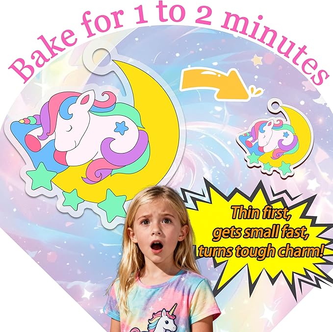 Vicentorra DIY Unicorn Shrinking Art Kit, 63 PCS That Creates Charms and Tags, Includes 24 Pre-Cut Charms, 12 Markers & 12 Ball Chains, No Mess Art & Crafts for Kids and Teens, Ideal Party Favor Gift