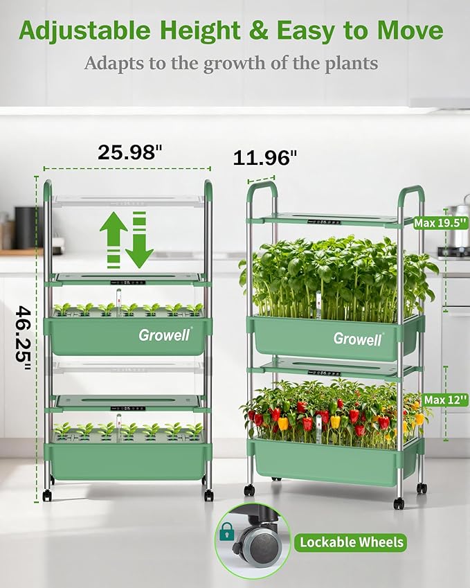 Large Hydroponics Growing System Kit, Vertical Indoor Herb Garden Kit with LED Grow Light & Independent Water Pump, 28L Movable Indoor Planter Perfect Gardening Gifts (2 Tier-54 Pods Green)