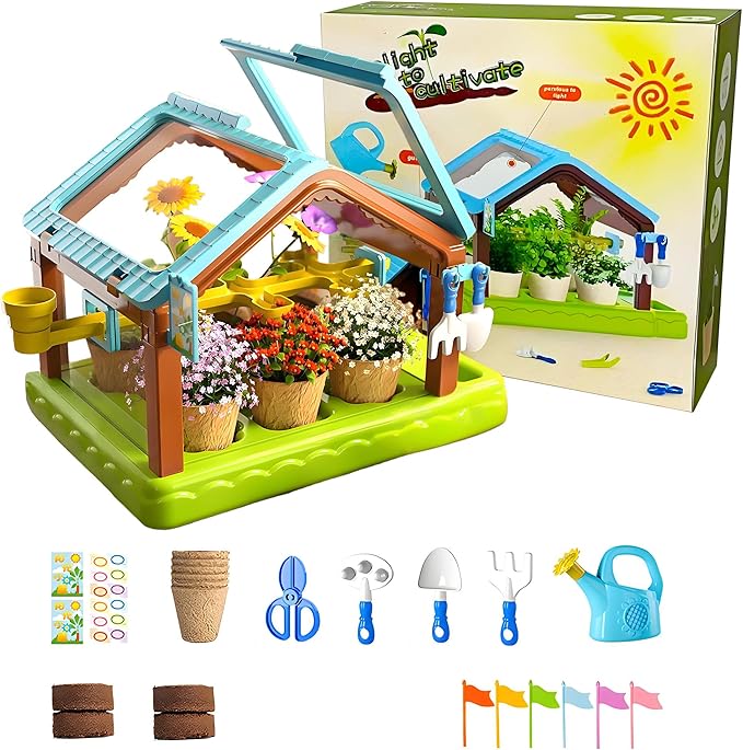 Kids Plant Growing Kit Greenhouse Growing Set with Drip Irrigation System and Grow Light Science Educational DIY Indoor Plant Gardening Toy for Kids