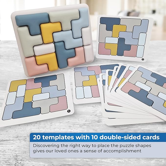 Jispring - 100% Soft Silicone - Dementia Activities for Seniors, Tetris Tile Matching Puzzle with 20 Pattern Templates, Alzheimers & Elderly Sensory Fidget Toy, Cognitive Memory Support