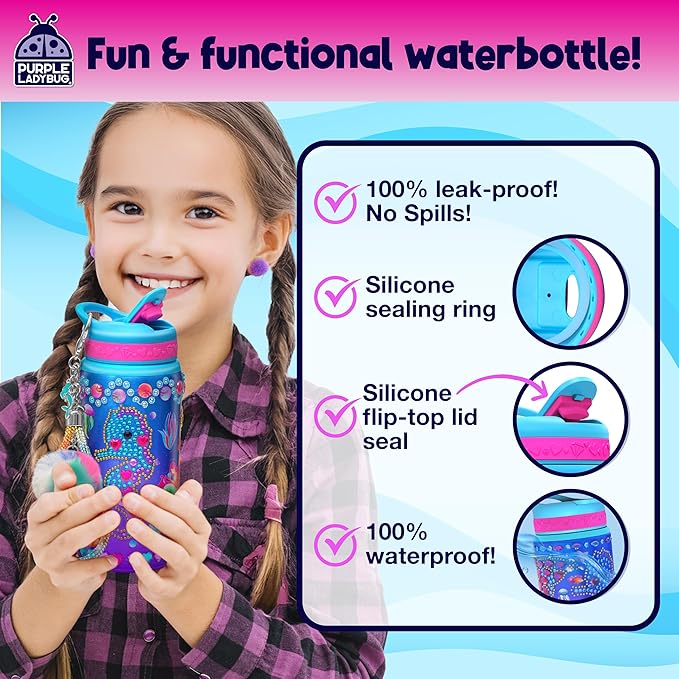 PURPLE LADYBUG Decorate Your Own Water Bottle for Girls - Mermaid Gifts for Girls Age 6-8, Gifts for 5 6 7 8 9 10 Year Old Girl Birthday, Christmas Gift, Crafts for Girl Ages 6-8