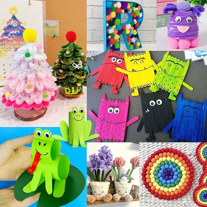 FUNZBO Christmas Arts and Crafts Supplies for Kids - Craft Kits with Pipe Cleaners, Popsicle Stickers, Construction Paper, Pom Poms & Googly Eyes, Birthday Gifts for Girls & Boys Age 4+