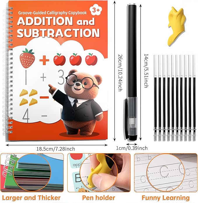 KAK Magic Grooved Writing Practice, grooved Handwriting Practice for Kids 6 Books Ages 3-8, Includes Pen Grips & 10 Refills,Preschool Learning