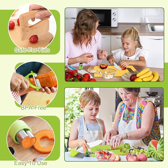 28PCS Toddler Knife Set - Kids Knifes for Real Cooking, Wooden Kids Kitchen Knife Set with Gloves Cutting Board Crinkle Cutters Kid Safe Knives, Toddlers Kitchen Tools