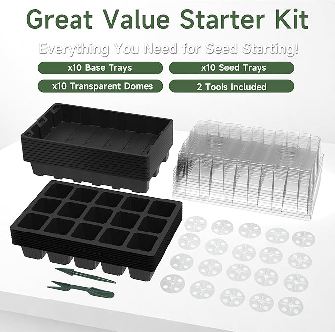 Gardzen 10-Pack Seed Starter Kits, Reusable Plant Germination Trays with Total 150-Cell, Seed Starter Tray with Humidity Vented Domes and Bases for Starting Vegetable Flower Herb Seeds 15" x 9"