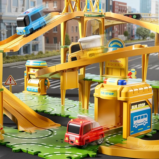 4-Tier Large Puzzle Race Car Track Set for Kids 3-5, Puzzle Tracks Car Play Set, Race Tracks Toys for Toddler Boys 3 4 5 6 Year Old, Birthday Gifts for Kids 3 4 5 6 7 8 Year Old Boys Girls