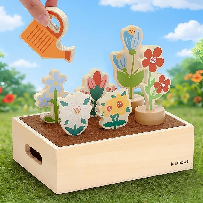 Wooden Toy Flower Garden Set Natural Gardening Toy Playset for Toddlers Pretend Play Blossom Flowerpot Educational Learning Toy for Girls Boys 3 Years and Up