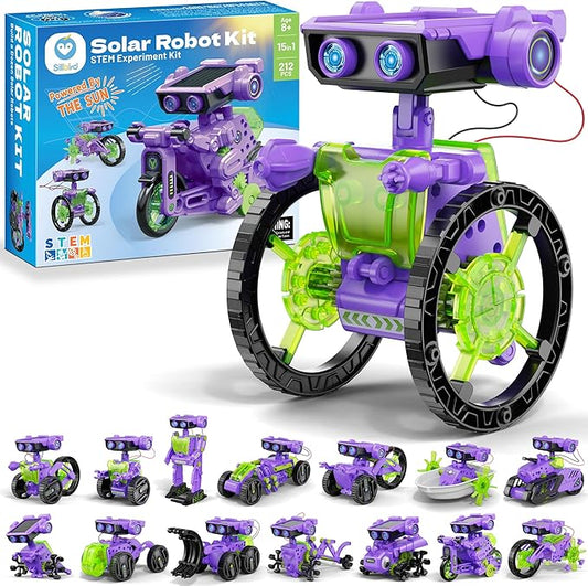 Sillbird Solar Building Robot Kit Christmas STEM Gift for Boys Aged 8-12, DIY 15-in-1 Science Educational Toys for Kids Birthday, Solar or Battery Powered Robotic Set with 212 Pieces