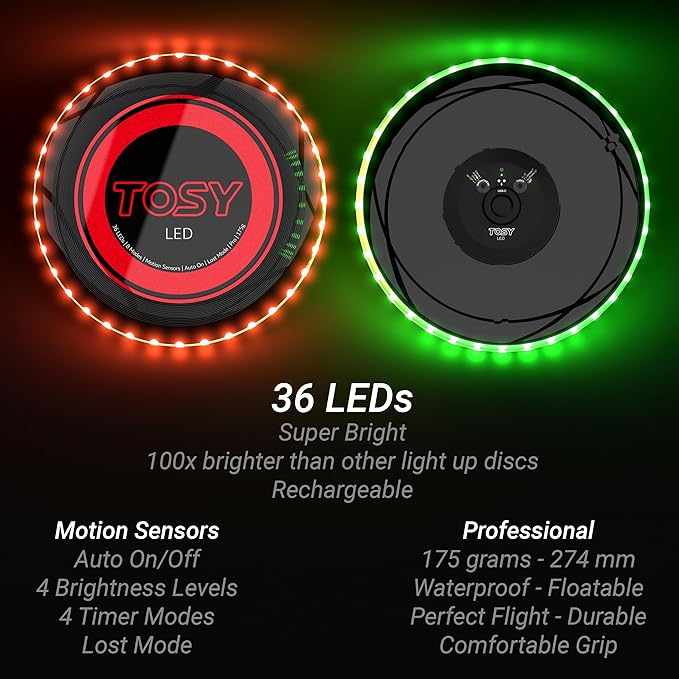TOSY Flying Disc - 108 RGB Multicolor or 36 Monocolor LEDs, Super Bright, Smart Modes, Christmas Stocking Stuffers Gift, Camping Toy for Kid/Teen/Adult, Auto Light Up, Rechargeable, Waterproof, 175g