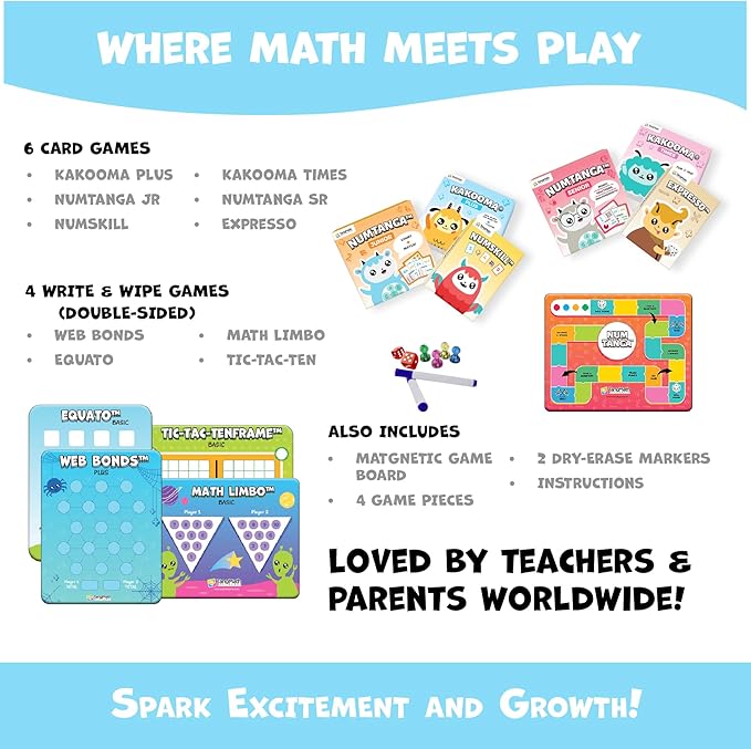 Math PowerPack – 10 Game Learning Kit for Grades K–5 – Build Skills in Numbers, Operations, Money, and More
