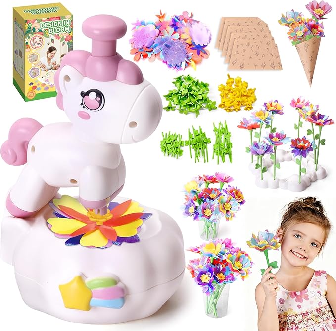 RISUNTOY Kids Flower Press Kit-DIY Fabric Flower Craft Kits with 110 Petals 30 Centers Stems Buds,5 Wraps & Tapes,STEM Bouquet Toys Compatible with Flower Maker,Christmas Birthday Gifts for Kids 3+