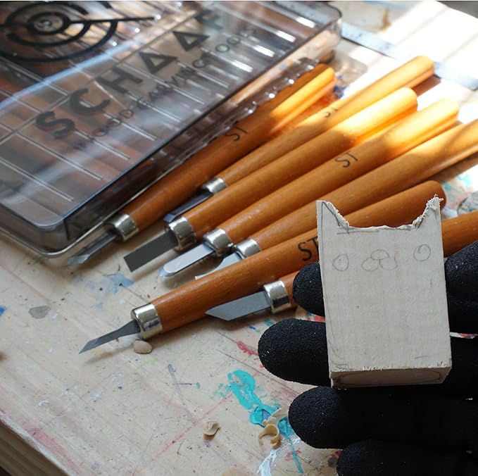 Beginner-Friendly Wood Carving Tools Kit, 15pc Razor Sharp Mini Japanese Pen Chisel Set, DIY Crafts, Lino Cut and Woodworking from Schaaf Tools (Small Handles)