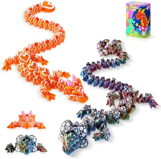 3D Printed Dragon Mushroom and Heart Cookie Dragons, Articulated Fidget Toys for Autism and ADHD, Perfect Basket Essentials Stuffers and Desk Accessories