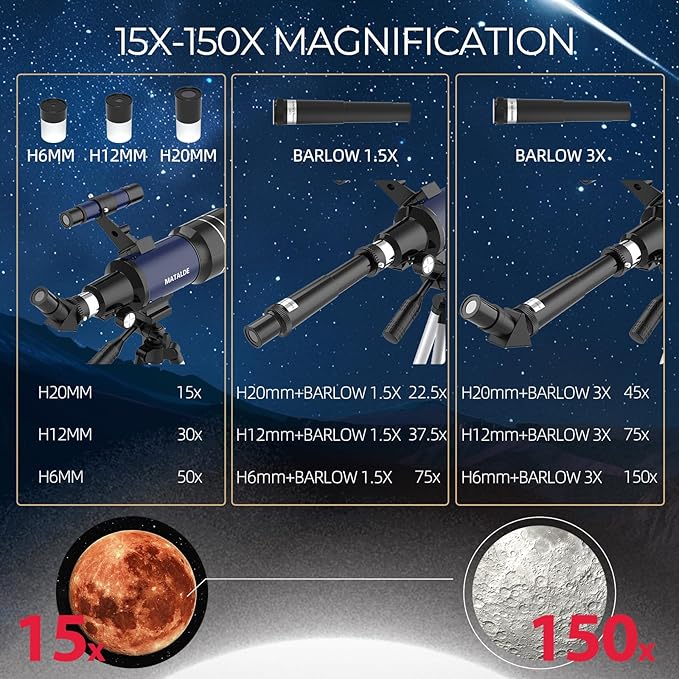 Telescope for Beginners & Kids, 70mm Aperture Refractor Astronomy Telescope with 300mm Focal Length, 15X-150X Magnification, Includes Full Accessory Kit & Tripod, Phone Adapter, Wireless Remote