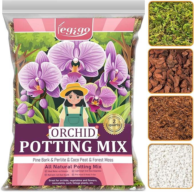 Legigo 2 QT Orchid Potting Mix for Repotting- Include Moss, Pine Bark, Perlite and Coco Peat, Orchid Bark Potting Mix, Orchid Soil for Potting Indoor Plants, Enhanced Drainage & Root Ventilation