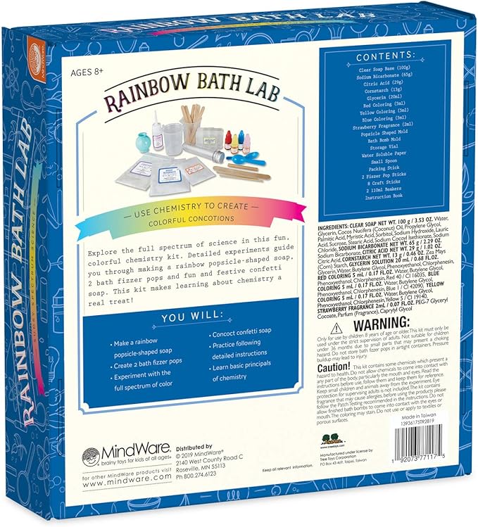 MindWare Science Academy Rainbow Bath Soap lab - Kids & Teens Create 3 Bath Bomb and soap Crafts with Our 27pc Science kit – A Creative DIY Chemistry kit for Both Boys & Girls