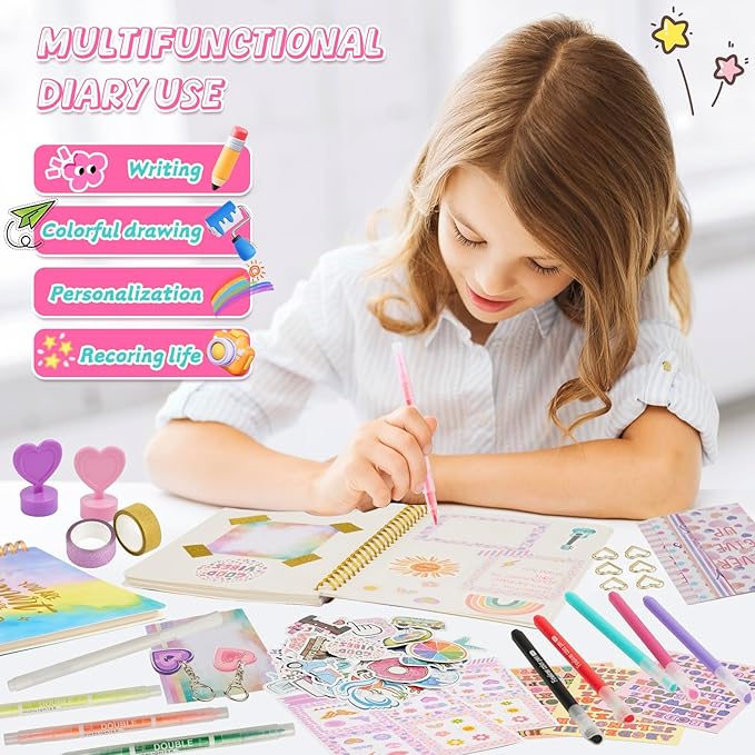 DIY Journal Kit for Girls - 2PC Stocking Stuffers for Teen Girls, Stationary & Diary Set, Christmas Birthday Gifts for 8 9 10 11 12 13 14 Year Old Girls, Scrapbook Supplies Art and Crafts Toy Kit