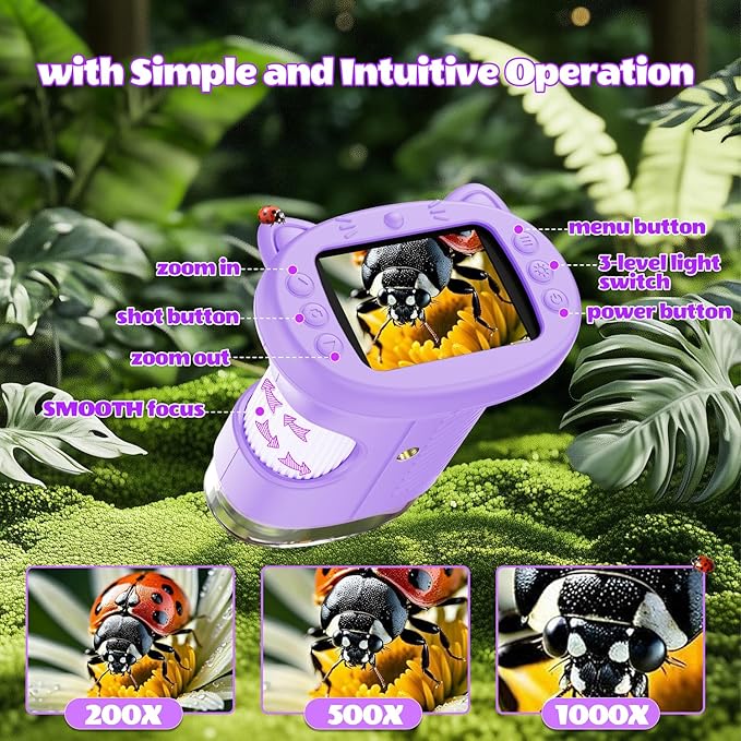 Kids Microscope, 1000X Portable Digital Microscope with 2.4″ IPS Screen & 8 LEDs, USB Rechargeable, STEM Educational Science Kit Toys, Best Christmas Birthday Gifts for 4-12 Year Old Children