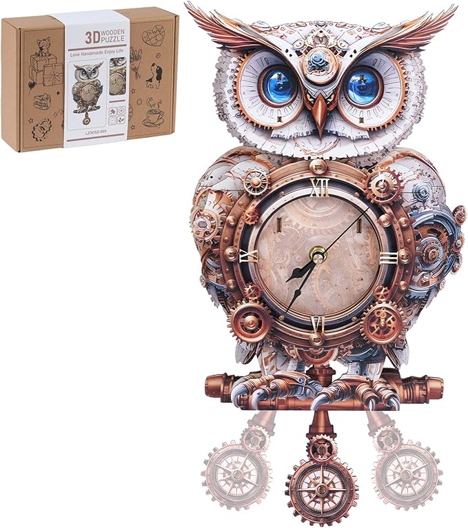 3D Wooden Puzzles for Adults, 3D Puzzle Owl Clock Kit (with Pendulum), Mechanical Owl 3D Puzzles for Adults Home Decor DIY Clock Puzzle Gifts for Women Men
