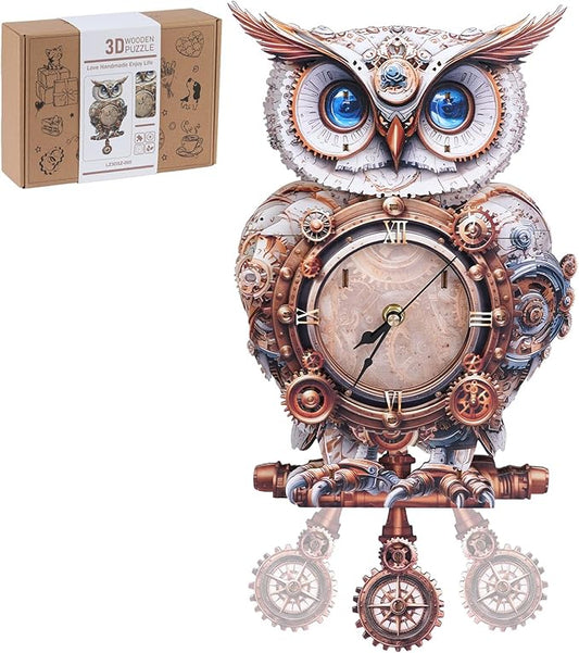3D Wooden Puzzles for Adults, 3D Puzzle Owl Clock Kit (with Pendulum), Mechanical Owl 3D Puzzles for Adults Home Decor DIY Clock Puzzle Gifts for Women Men