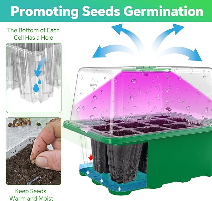 5 Packs Seed Starter Trays with Plant Light (Value Pack), 60 Cells, Seed Starter Kit with Heightened Lid, Adjustable Humidity Domes for Plant Flower Vegetable Seeds Germination