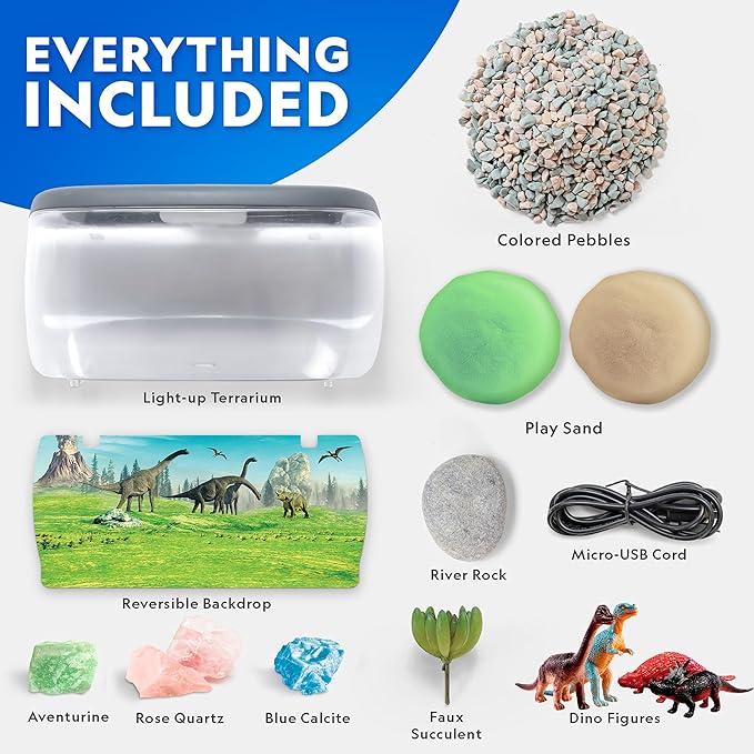 National Geographic Light-Up Dinosaur Terrarium Kit for Kids – Build a Prehistoric Habitat with Play Sand, Real Gemstones & Dino Figures, Science Activity Kit for Boys & Girls