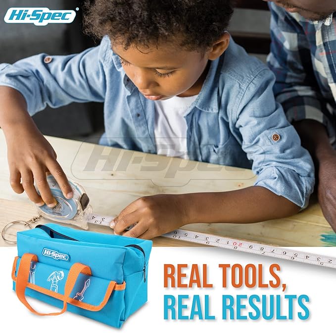 Hi-Spec 18pc Blue Kids Tool Kit Set & Child Size Tool Bag. Real Metal Hand Tools for DIY Building, Woodwork & Construction