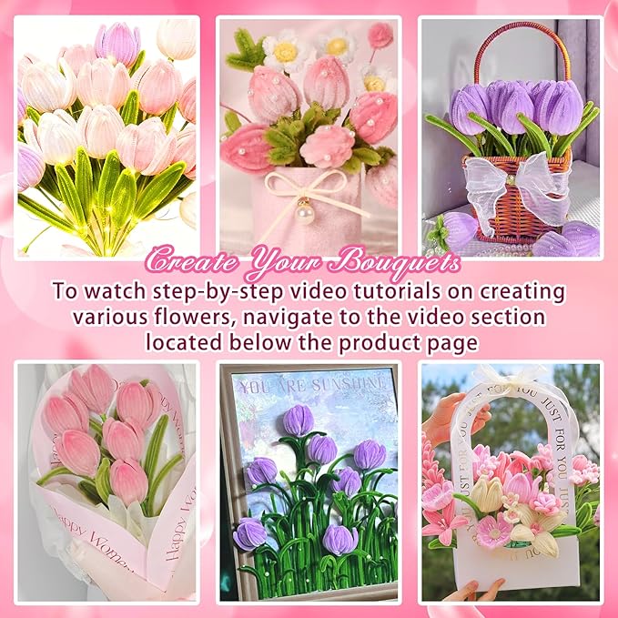 500 Pcs Pink Pipe Cleaners Craft for Flowers, Pastel Chenille Stems for DIY Art Projects Creative Gift(5 Colors), Pipe Cleaner Flower Kit with Floral Stems, Gardening Tape,Stamen& Pearls (Tulip)