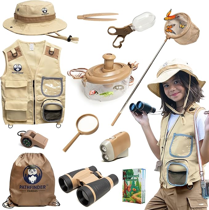 Kids Bug Catching Kit - Complete Explorer Kit with Safari Vest, Hat & More - Cute Dress-Up Safari Costume, or Zoo Keeper - Outdoor Explorer Set & Bug Toys for 7-12 Year Old Boys Girls + Adventure Book