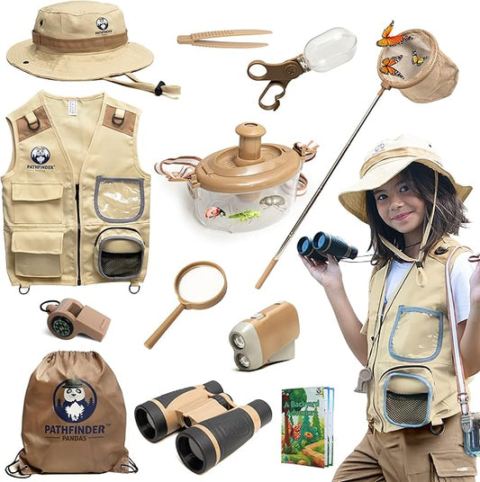 Kids Bug Catching Kit - Complete Explorer Kit with Safari Vest, Hat & More - Cute Dress-Up Safari Costume, or Zoo Keeper - Outdoor Explorer Set & Bug Toys for 7-12 Year Old Boys Girls + Adventure Book