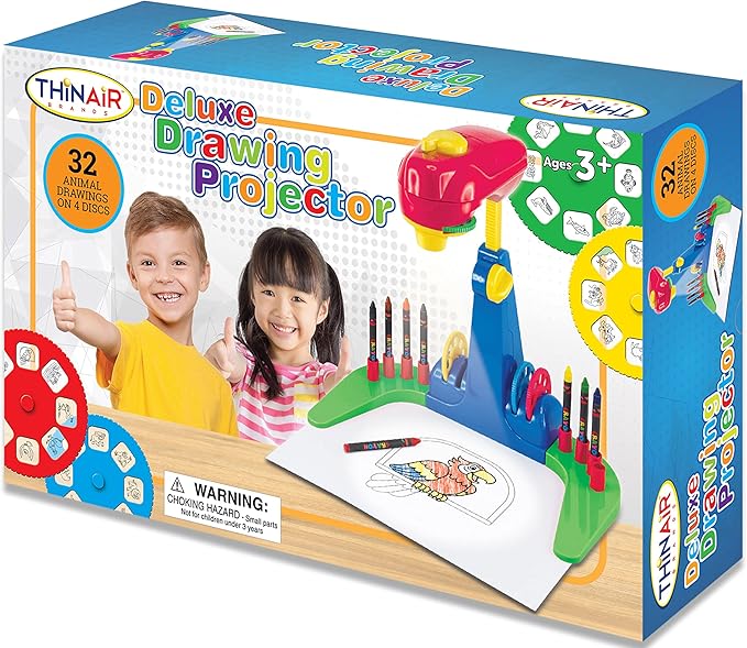 Thin Air Brands Drawing Projector for Kids 3 & Up | Preschool Tracing Projector Kit Includes 32 Animal Drawings on 4 Sturdy Discs, 8 Crayons & 1 Pad of Drawing Paper for Fun Play-Based Learning