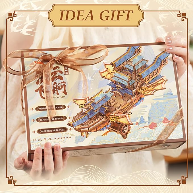 Tonecheer 3D Wooden Puzzle for Adults, DIY Japanese Wooden Ship Model Kit with Music, Orien Airship Vintage Movable Building Kit Best Gift Ideas for Boys and Men - Wind Voyager
