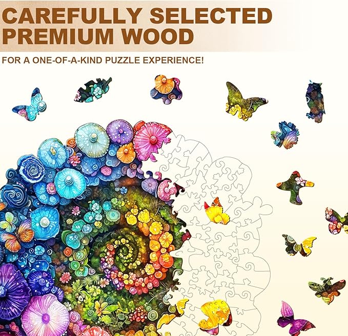 Wooden Puzzle for Adults-Wooden Puzzle Unique Shape Advanced Rainbow Vortex Mushrooms Wooden Jigsaw Puzzle for Adult, Wood Puzzles,Challenge Wooden Jigsaw Puzzle(M-11.4 * 11.1in 190pcs)