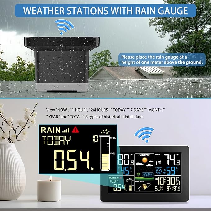 Weather Station with Rain Gauge Outdoor, Home Weather Stations Wireless Indoor Outdoor with Digital Rain Gauges, Thermometer, Barometer, Hygrometer, Atomic Clock, Weather Forecast and Alerts