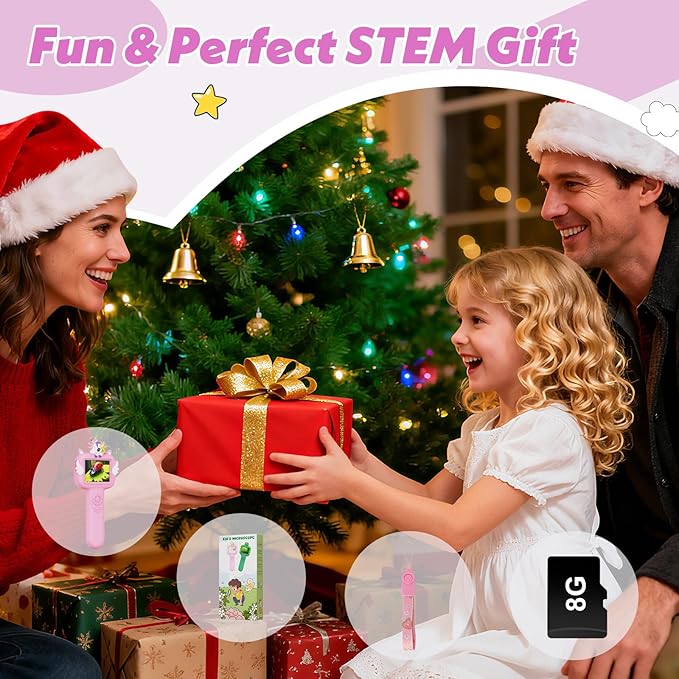 Microscope for Kids Gifts Toys Science, Mini Handheld Digital Pocket Microscope Requiring Direct Surface Contact, Educational STEM Toy for Boys Girls Ages 8–12, Christmas Birthday Gift Idea