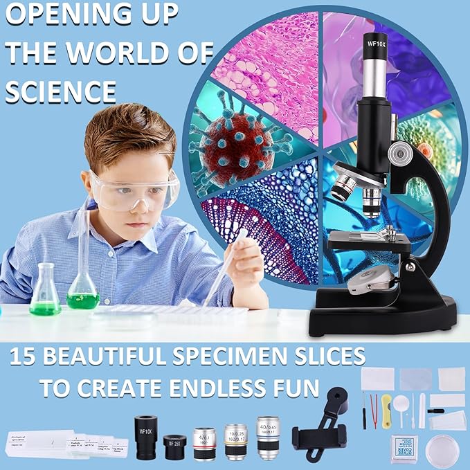 Microscope 40X-2000X Magnification, High Definition Wide Angle Eyepiece with Microscope Slide, Cell Phone Viewing, for Homeschool Labs