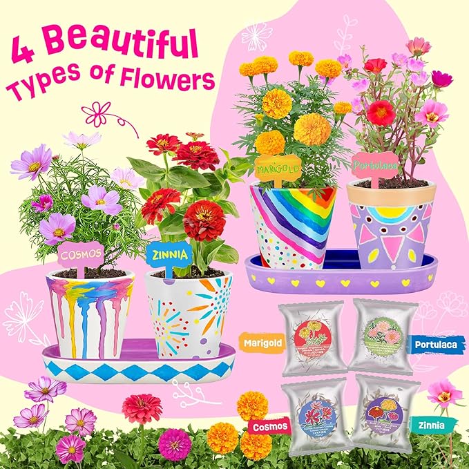 4 Set Paint & Plant Flower Gardening Kit - Gifts for Girls Ages 8-12, Arts and Crafts for Kids Ages 8-12, Kids Gardening Set, Toys Birthday for Girls Boys Ages 6 7 8 9 10 11 12