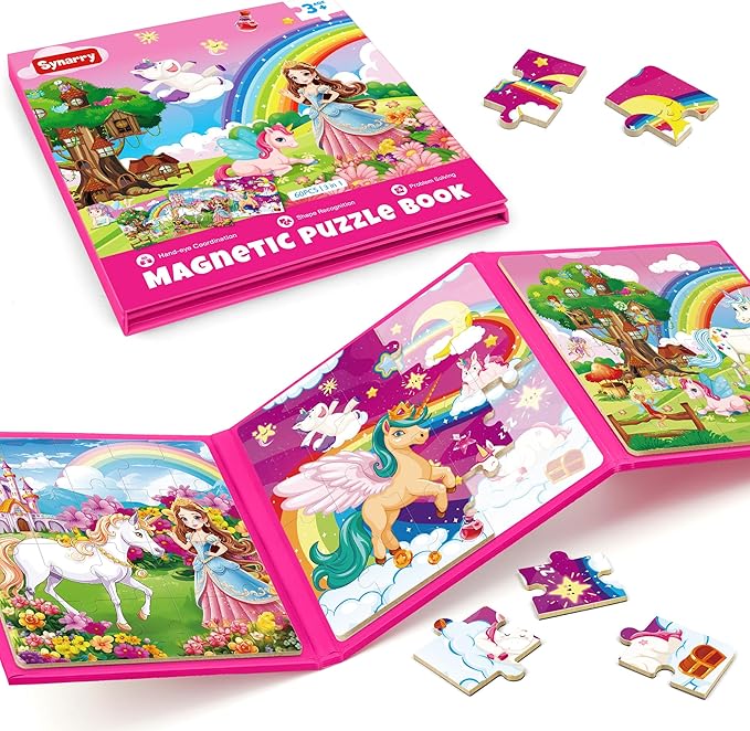 SYNARRY Unicorn Princess Fairy Magnetic Puzzles for Toddlers 3-5 Girls, 20 Pieces Travel Puzzles for Kids Ages 4-6, Car Airplane Road Trip Activities Games Toys for 3 4 5 Year Old Girls Birthday Gifts