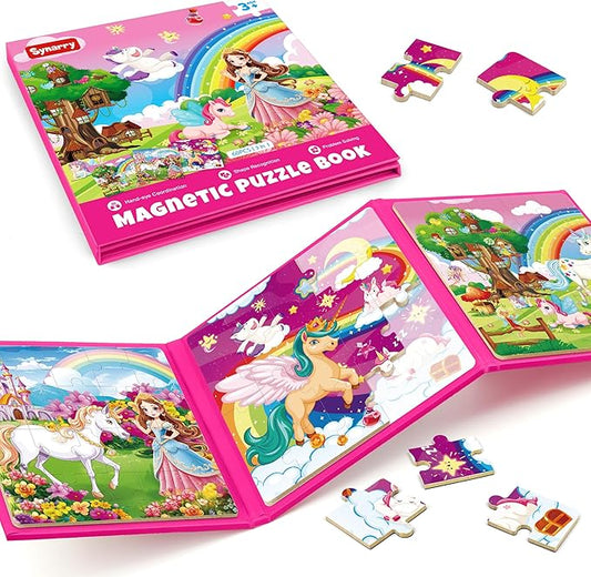 SYNARRY Unicorn Princess Fairy Magnetic Puzzles for Toddlers 3-5 Girls, 20 Pieces Travel Puzzles for Kids Ages 4-6, Car Airplane Road Trip Activities Games Toys for 3 4 5 Year Old Girls Birthday Gifts