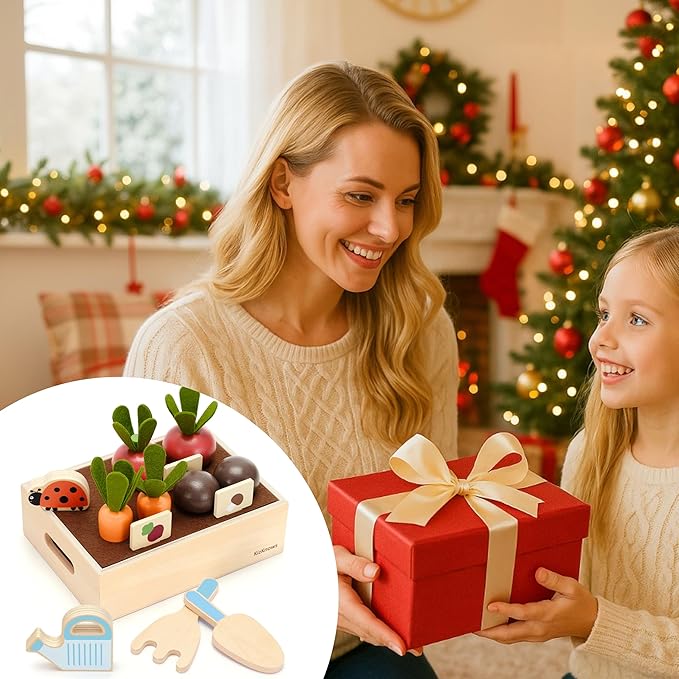 Wooden Play Food Set for Kids Kitchen Accessories, Montessori Gardening Playset for Kids Pretend Play Food, Plant & Harvest Toy Kit, Educational Toy Gift for 3 4 5 6 7 Years Old Boys Girls