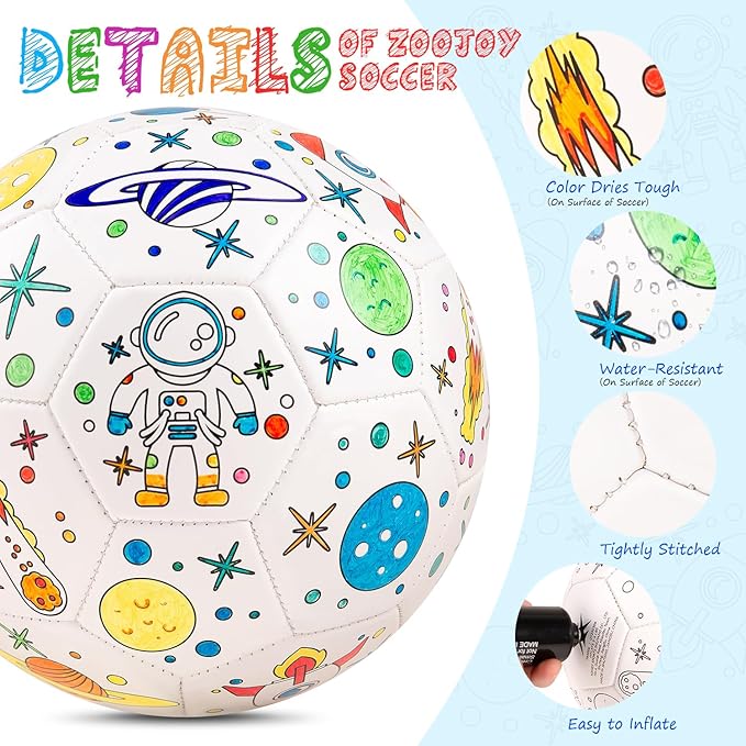 ZOOJOY Color Your Own Soccer Ball with Markers, Soccer Gifts for Girls Boys, Size 3 Astronaut Paint Personalized Arts and Crafts Kit for Kids, Ball Game Birthday Gift Toys for Toddlers 3-10