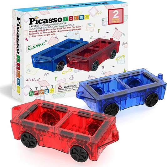 PicassoTiles 2 Piece Car Mini Truck Construction Kit Toy Set Vehicle for Magnetic Blocks Building Tile Sensory Magnet Toys Bricks STEM & Learning Educational School Puzzle Girls Boys Toddlers Ages 3+