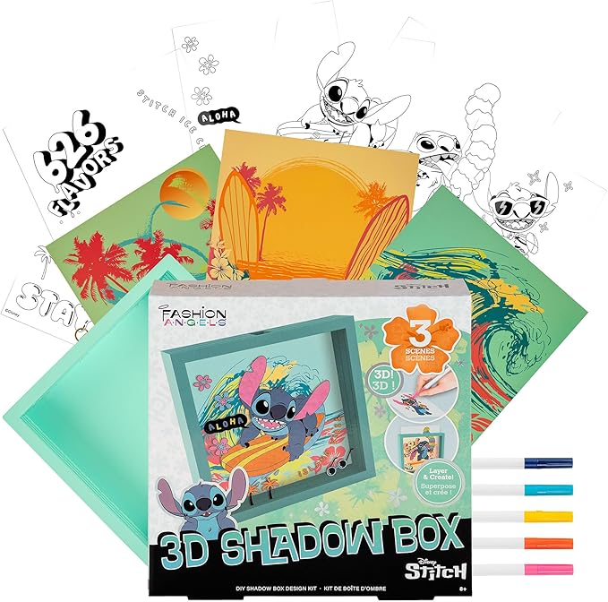 Fashion Angels Disney Stitch DIY 3D Shadow Box Kit, Kids Craft Set with Markers, Colorable Inserts & Backgrounds, Ideal Art Project for Girls & Boys Ages 8+